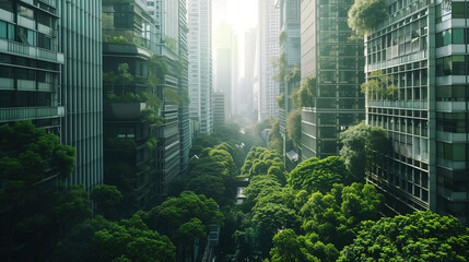 A verdant metropolis, adorned with lush trees, offers a futuristic cityscape from the street view
