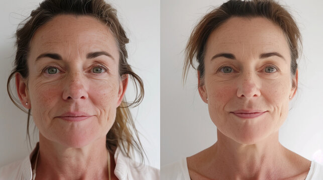 Before After anti aging face photo skin spa treatment older woman 40s 50s menopause wrinkles fine line saggy jowls afterwards smooth glowing younger firm microneedling rf therapy LED laser treatment