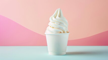 Creamy soft serve ice cream presented in a simple white cup on a bi-color background