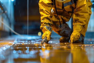 A man in a protective suit works with chemicals - obrazy, fototapety, plakaty