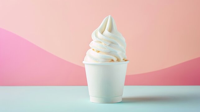Creamy soft serve ice cream presented in a simple white cup on a bi-color background