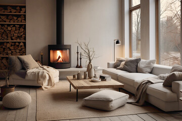 A cozy Scandinavian living room with muted tones, a fireplace, and plush furniture.