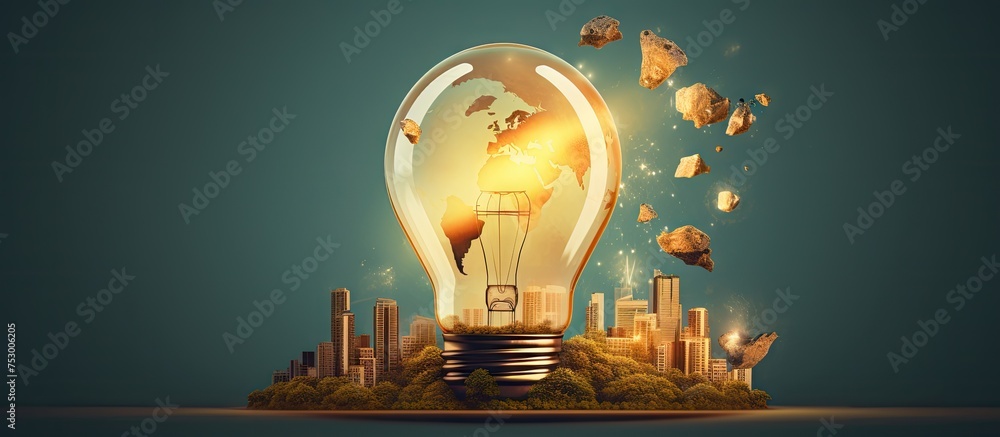 Poster global innovation concept: illuminated light bulb with miniature planet earth inside
