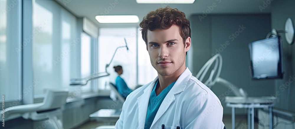 Poster scientist analyzing data on digital screen in modern laboratory with sophisticated technology