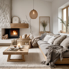 A cozy Scandinavian living room with a focus on natural elements, featuring wooden furniture, stone accents, and soft textiles for a warm and inviting ambiance.