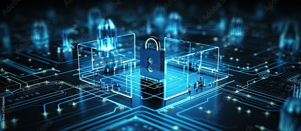 Aufkleber Symbolic Security: Padlocked Circuit Board with Electronic Components in the Background