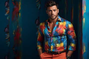 Obraz na płótnie Canvas A handsome male model stands out in colorful attire against a seamless, solid-colored backdrop, his demeanor reflecting both grace and confidence.