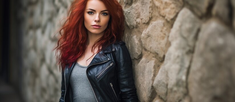 Serene Woman with Fiery Red Hair Leaning Gracefully Against Ancient Stone Wall