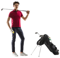 Posing with equipment. Golf player in a red shirt isolated on transparent background. Professional...