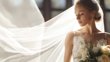 Portrait of a bride with bridal veil, copy space