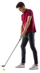 Quite composed. Golf player in a red shirt isolated on transparent background. Professional player...