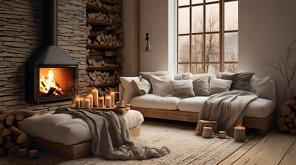 A cozy Scandinavian living room with a fireplace surrounded by stacked logs, a comfortable sofa with knitted throws, and a fluffy rug for a warm and inviting atmosphere.