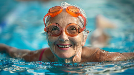 Fototapeta premium .Cheerful senior lady exercising in swimming pool