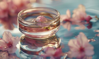 Cherry blossoms and perfume water in a glass jar on a blue background