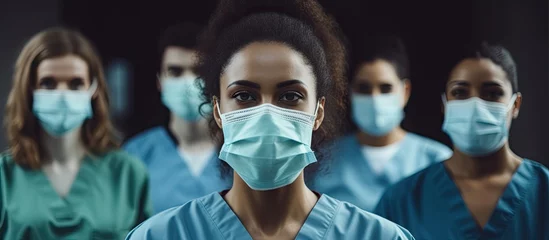 Rolgordijnen Diverse Group of Medical Professionals in Protective Masks Working Together in Hospital Setting © HN Works