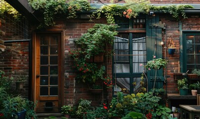 Fototapeta na wymiar Window and brick wall covered with flowers