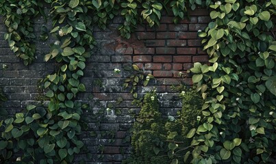 Green ivy on the brick wall, vintage style, nature background
