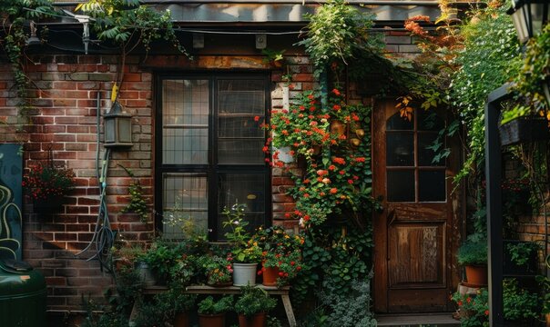Window and brick wall covered with flowers