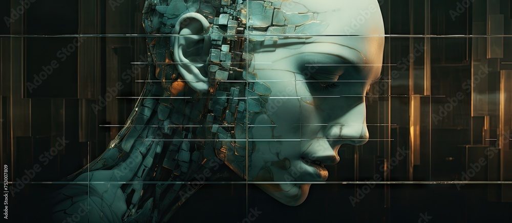 Poster futuristic robot head with digital grid background illustration