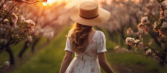 Serene Woman in a Sun Hat Strolling Amidst Vibrant Meadow of Blossoms - obrazy, fototapety, plakaty
