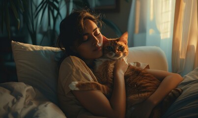 Beautiful young woman with a cat at home in the morning.