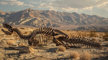 A captivating image of a dinosaur skeleton in a desolate desert landscape with mountains under a sunset sky