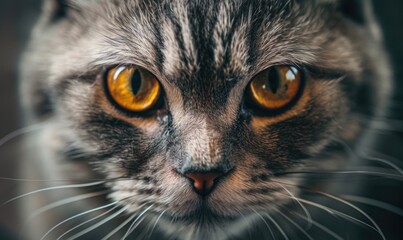 Close-up portrait of a cat with yellow eyes on a black background