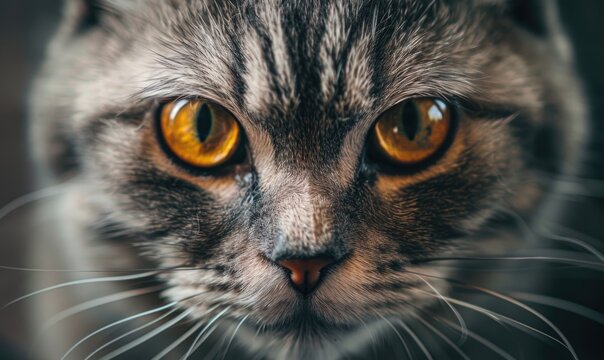 Close-up portrait of a cat with yellow eyes on a black background