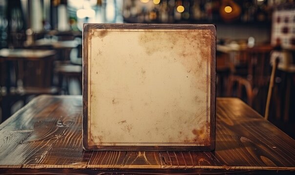 Blank frame on wooden table in cafe. Mockup for design