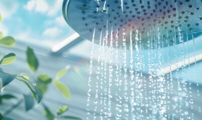 Shower head with water drops and green plants in the bathroom.