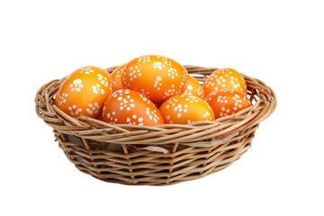 a wicker basket with orange Easter eggs, easter decorative motif, isolated on transparent background
