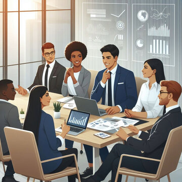 Business people discussing ideas in a productive meeting in a modern office, vector illustration