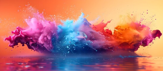 Obraz na płótnie Canvas Vibrant Rainbow Paint Splash on Orange Background, To add a burst of color and energy to any design project