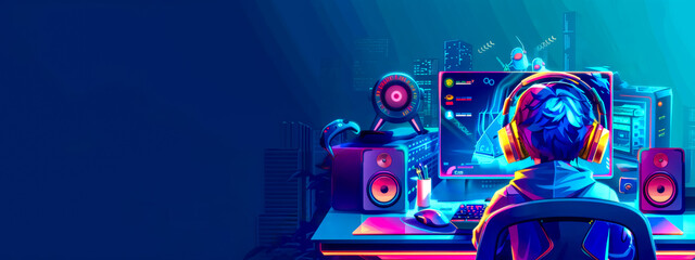 Futuristic cyber music producer at workstation