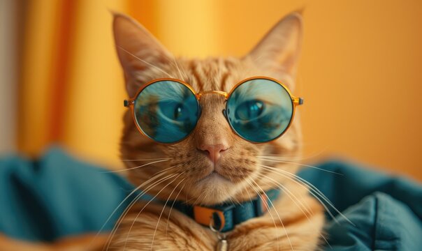 Portrait of a red cat wearing blue sunglasses on a yellow background