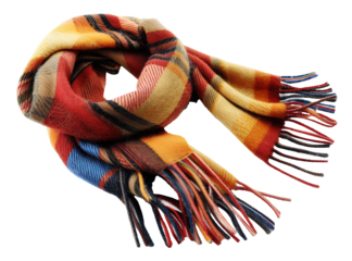 Multicolored plaid scarf with fringes on transparent background - stock png.