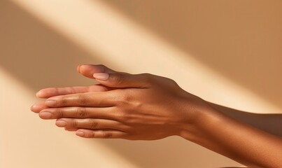 Closeup of female hand on orange background. Skin care, beauty procedure