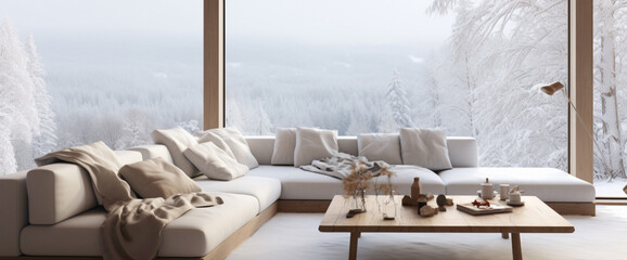 A cozy Scandinavian living room with a minimalist white sofa, wooden coffee table, and large windows showcasing a snowy Nordic landscape outside.