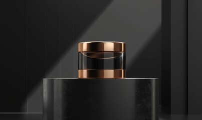 Mockup of golden cylinder on black background. Luxury podium for product presentation.