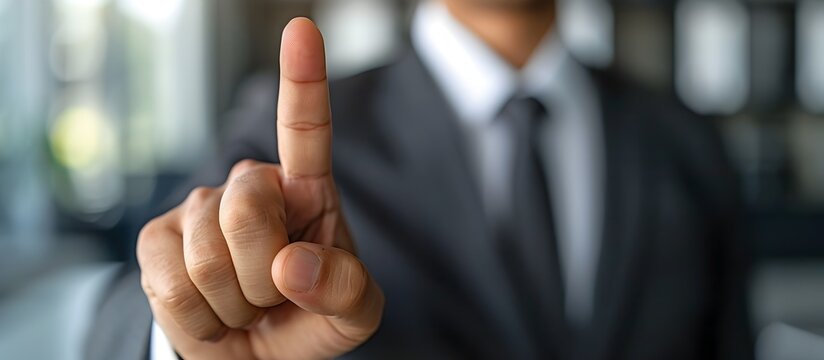 Businessman Pointing at Finger Icon in Style of Zeiss Milvus 25mm Lens, To convey a message of professionalism, communication, and direction in a