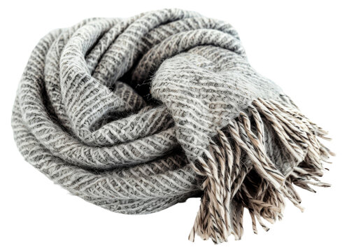 Cozy grey knitted scarf on transparent background - stock png.