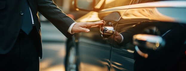businessman hands and chauffeur by car door for travel accommodation designated driver or commute 