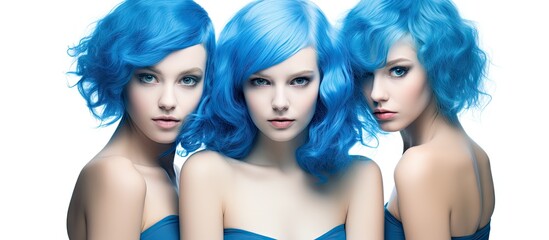Vibrant Trio: Three Beautiful Women Rocking Trendy Blue Hair in Urban Setting