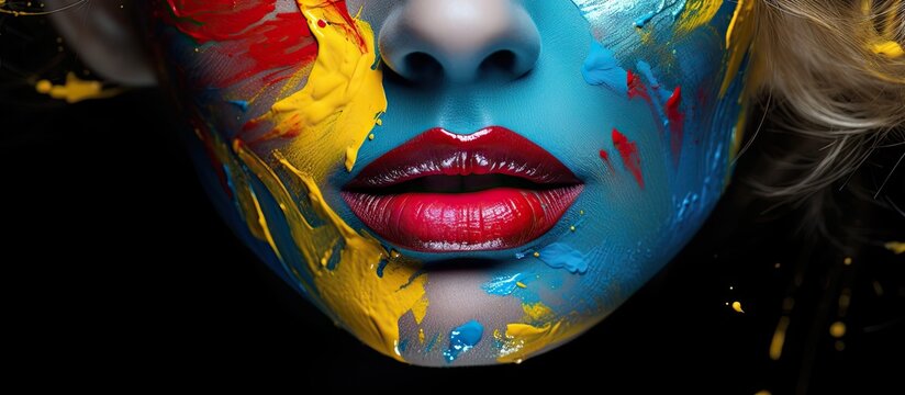 Daring Abstract Art Performance: Woman Transforming with Blue Face and Vibrant Yellow Paint