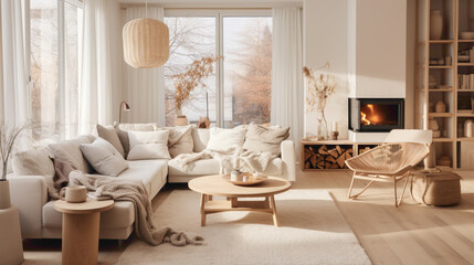 A cozy Scandinavian living room with minimalist furniture, adorned with warm-toned textiles and natural materials, basking in the soft glow of natural light filtering through sheer curtains.