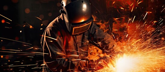 Skilled welder meticulously fuses metal pieces in a fiery display of craftsmanship and precision - obrazy, fototapety, plakaty