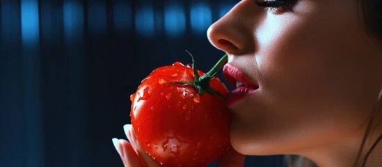 Captivating woman indulging in a fresh red pepper for a healthy and vibrant diet