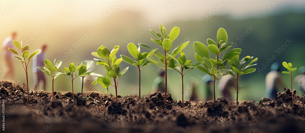 Poster diverse array of young plant sprouts emerging from rich soil in a vibrant garden setting