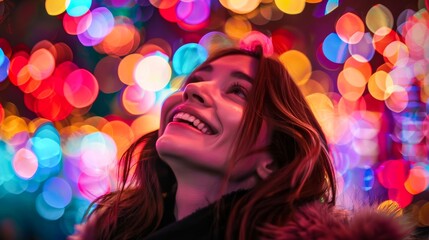 A woman faces away, her identity hidden by a neutral square amidst a sparkling colorful bokeh backdrop