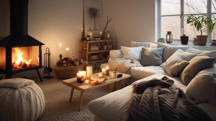 A cozy Scandinavian living room with a fireplace as the focal point, surrounded by warm textiles and comfortable seating for a relaxed atmosphere